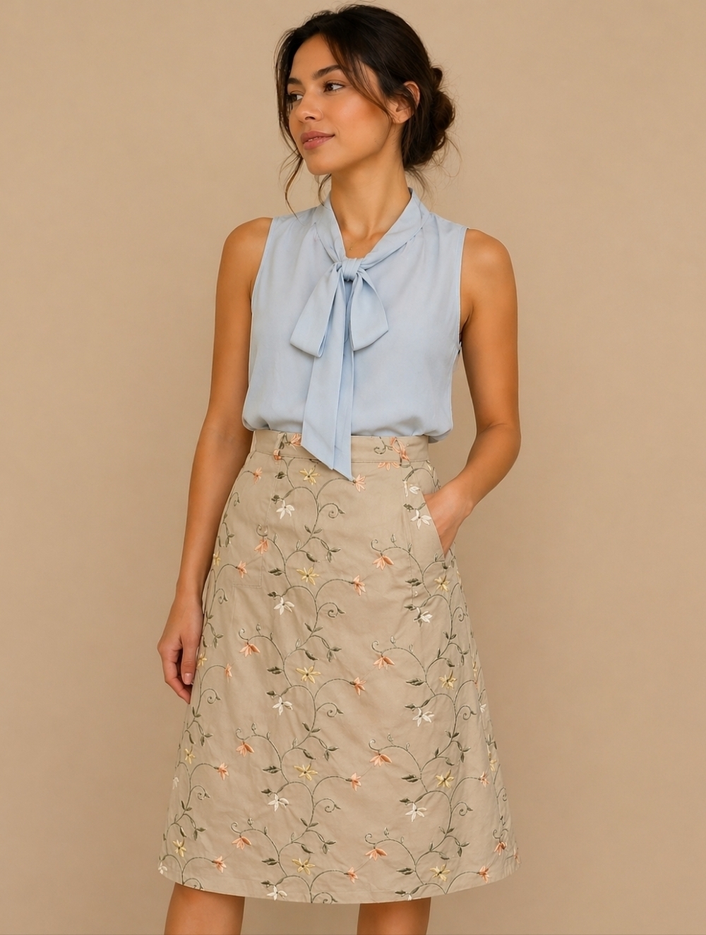 Vtg ORVIS Beige Floral Vine Embroidered Flat Front Pocket Cotton Land Girl Skirt